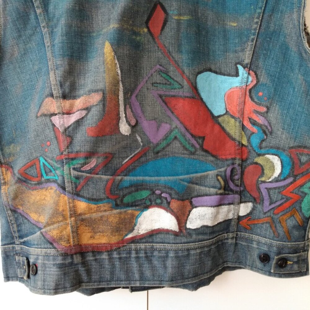 Vintage Denim Jean Jacket Vest Hand Painted XL 46" Chest "Lee Riders" - Picture 6 of 11